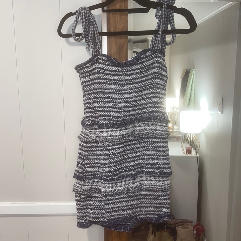 Blue and white woven striped mini dress